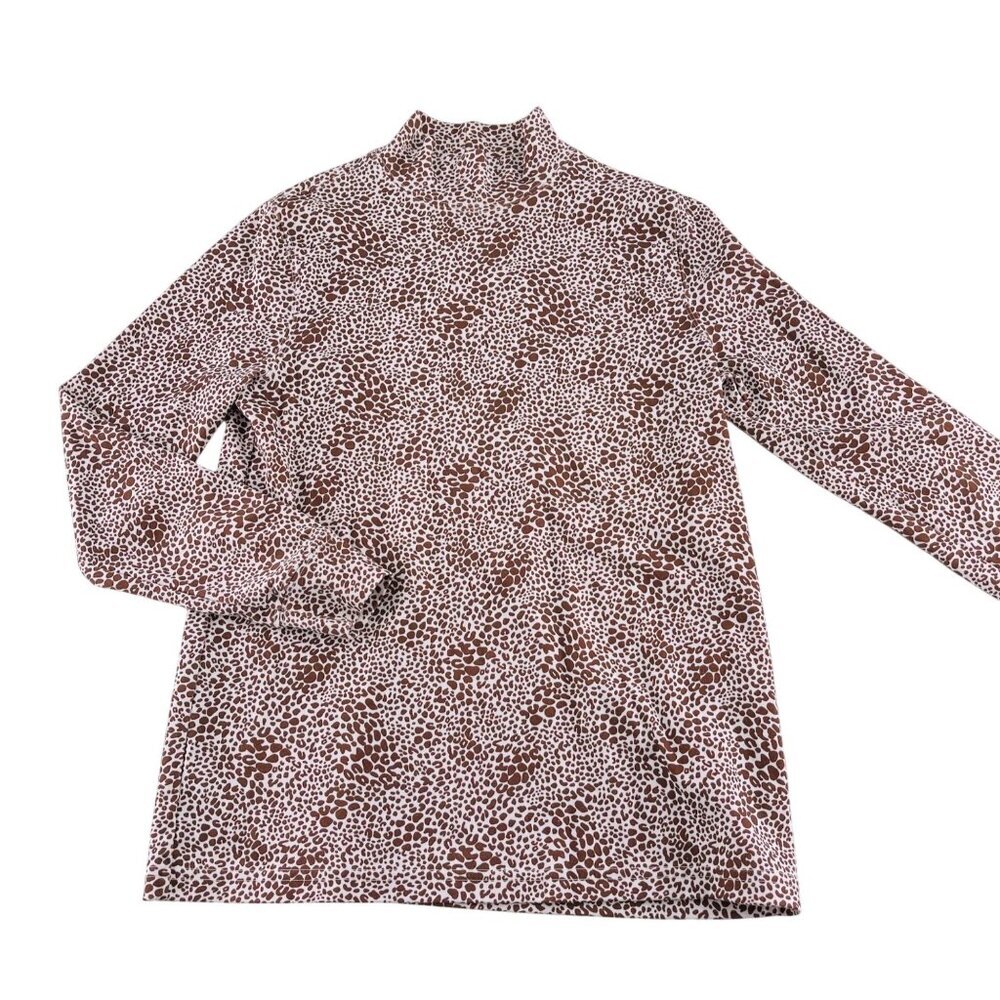 Lands End Womens Brown Leopard Print Mock neck Long Sleeve Top Size Small